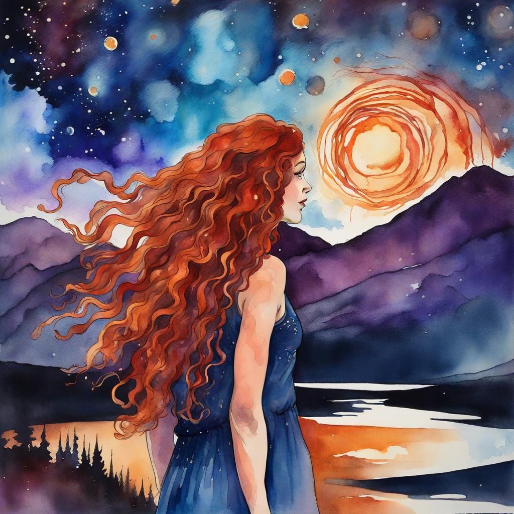 Female with Very Long Flowing Auburn Curly Hair, Next to Mountain Lake looking up at Alcohol Ink Spiral Nebula, Starry...