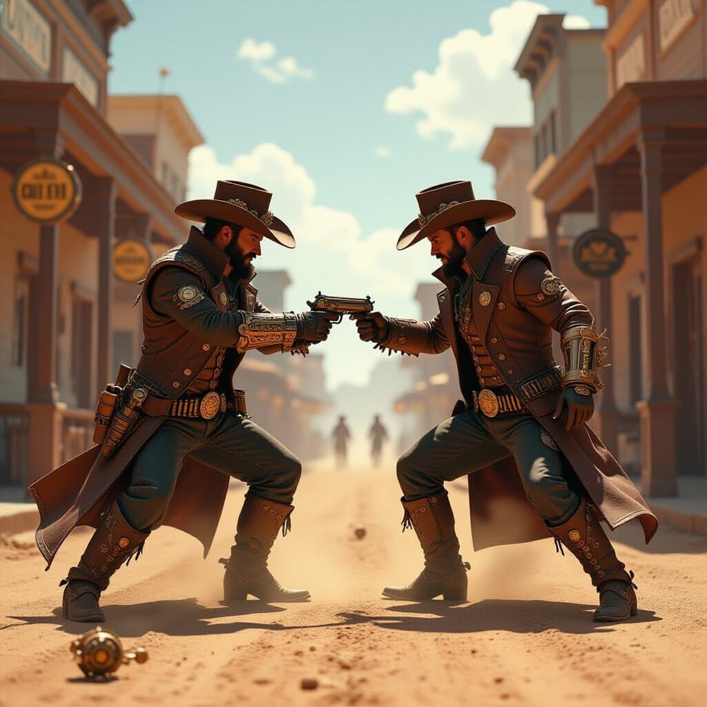 Steampunk Cowboys Duel in Dusty Street