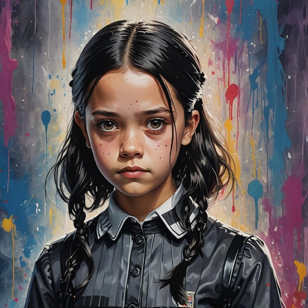 Wednesday Addams as Action Heroine: Hyperrealistic Splash Ar...