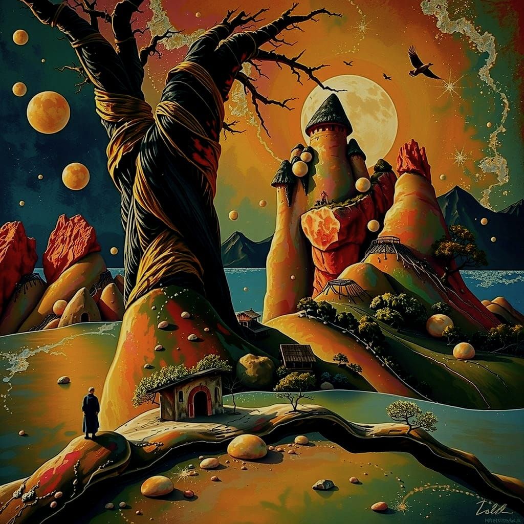 Dreamlike Amoeboid Landscape Painting in Pink, Blue, and Whi...