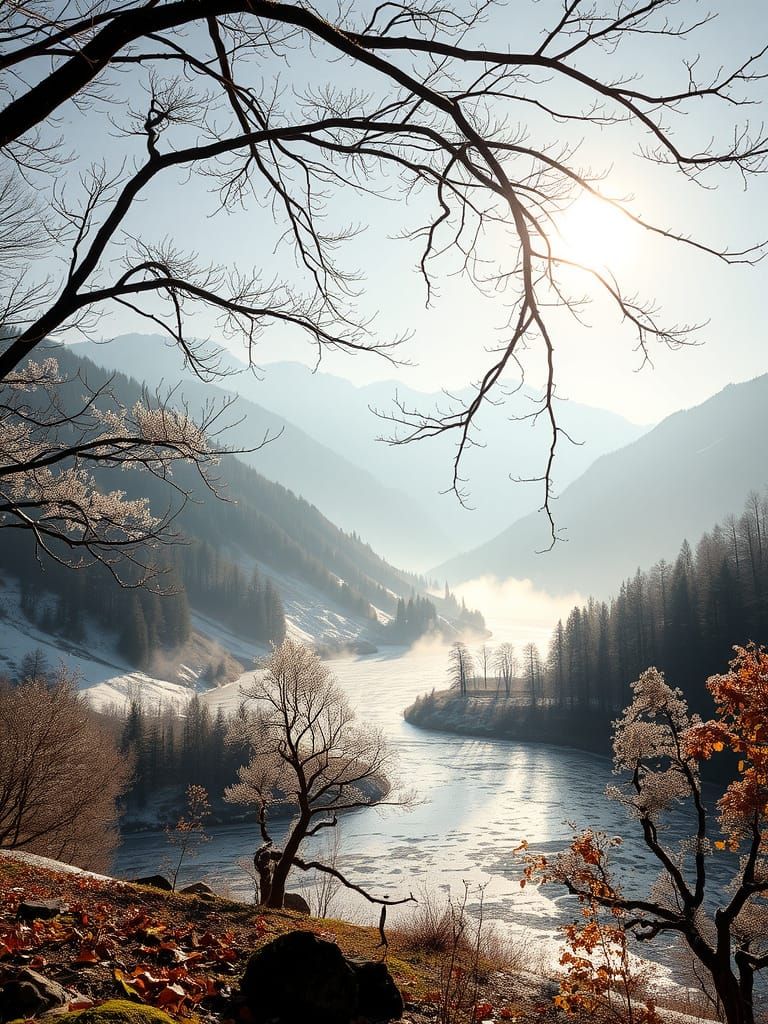 Serene Autumn Mountain Valley with First Snow