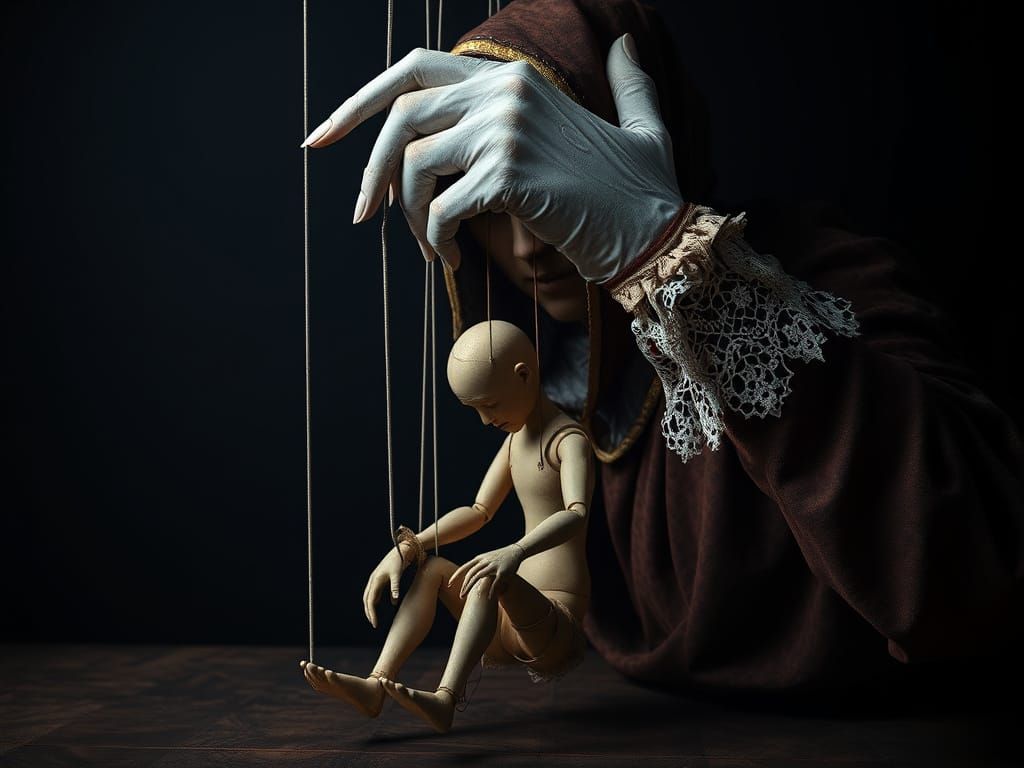 Master Puppeteer's Dark, Weathered Hand Grasps Marionette's ...