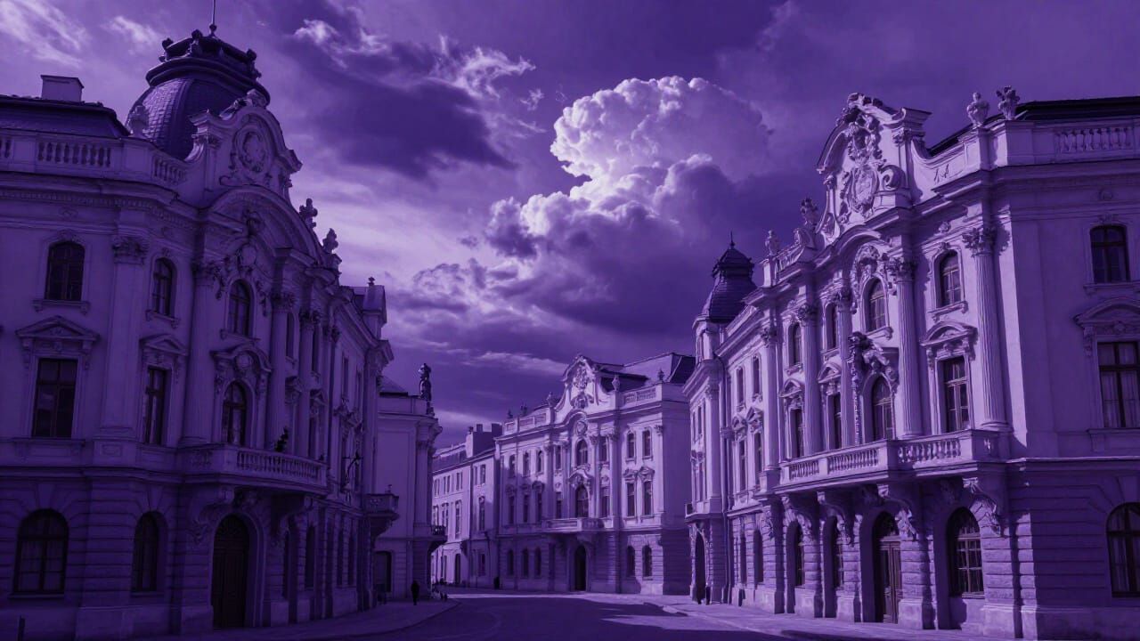 Opulent Purple Baroque Cityscape with Dramatic Lighting