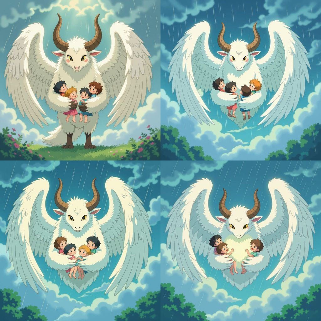 Compassionate Sky Beast Shelters Children in Dreamy Style