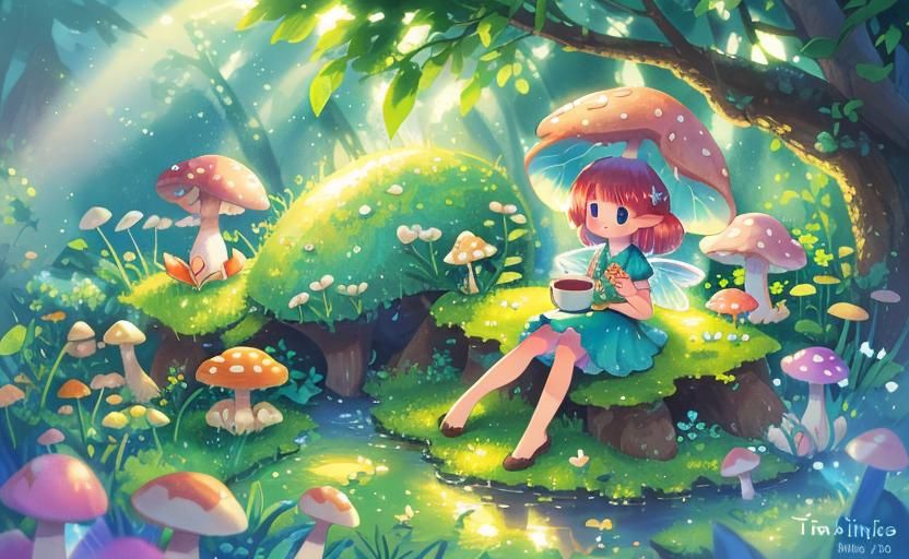 Mushroom Fairy Coffee Break in Macro Photography