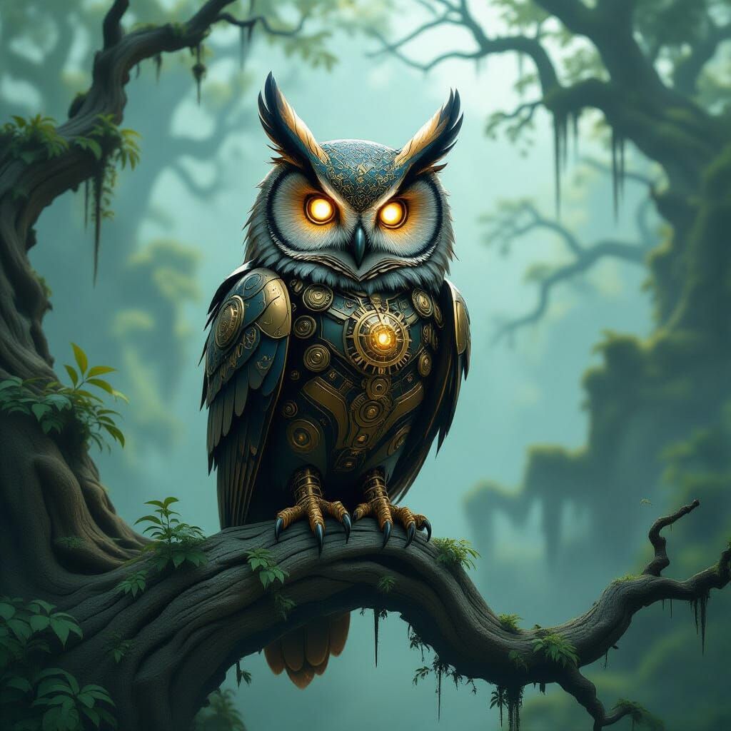 Mechanical Owl on Ancient Branch in Misty Forest