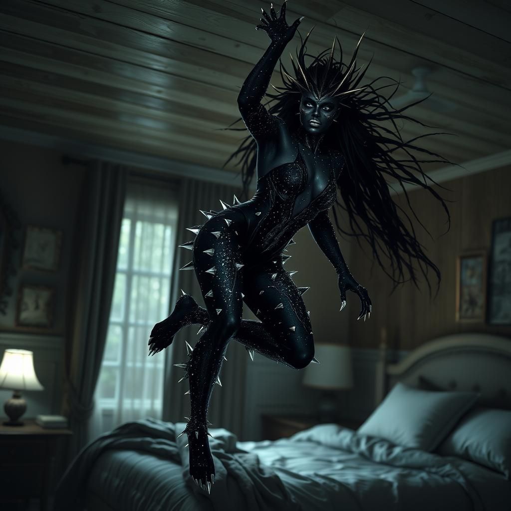 Dramatic Spiked Woman Descent at Night