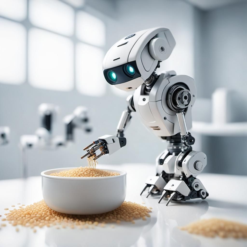 Robot Examines Rice Grain: Photorealistic Macro Shot