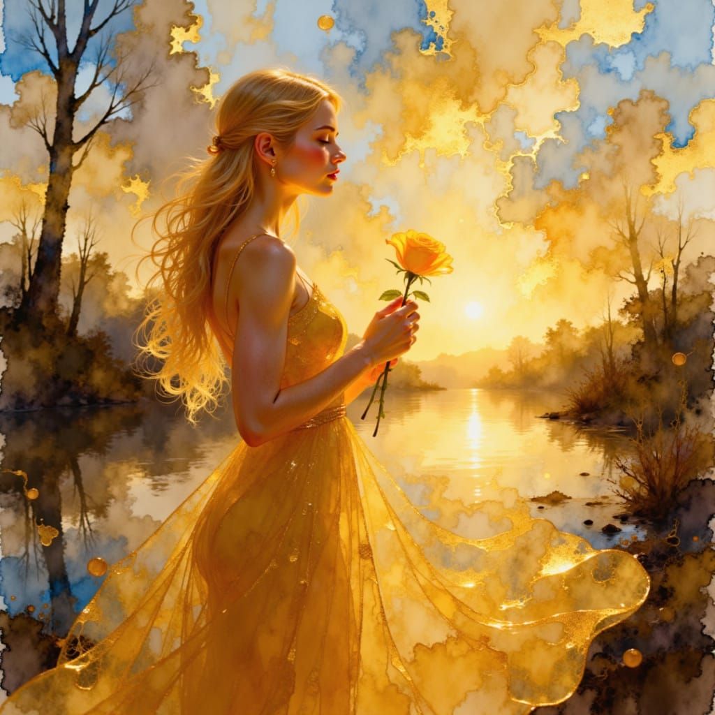 Golden Hour Woman by River at Sunset