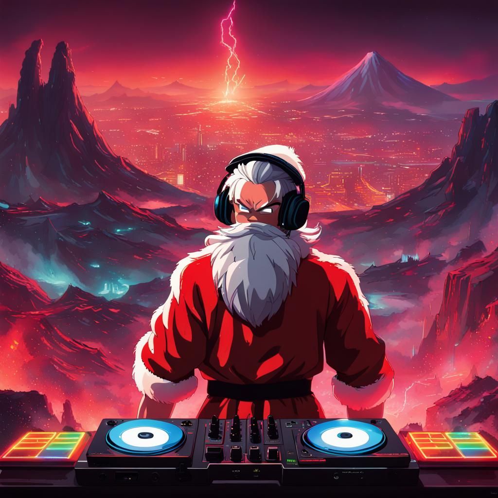 Goku as Santa Claus DJ in Cyberpunk Scene