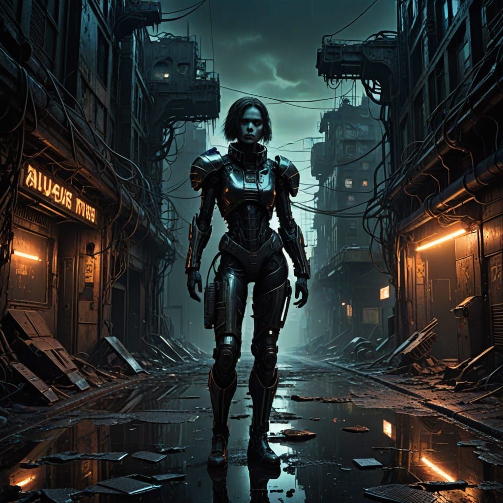 Dark Futuristic Cityscape in Eerie Neon Glow