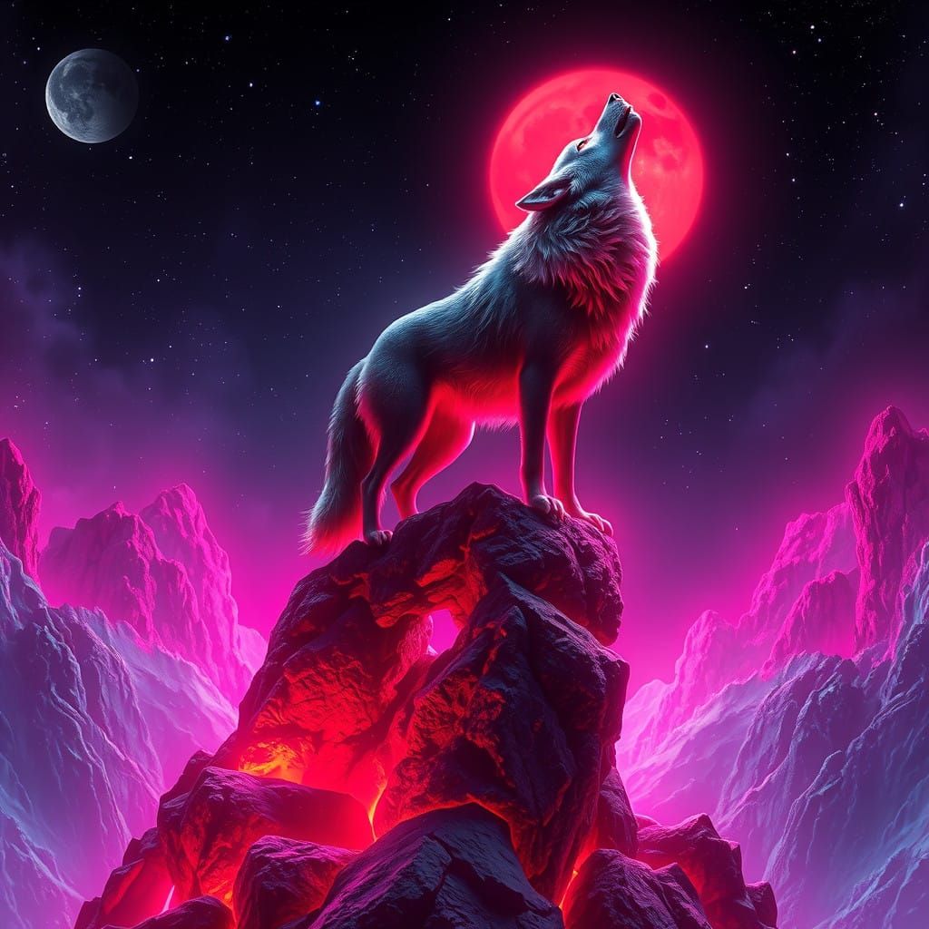 Ethereal Wolf in Neon-Lit Space Landscape