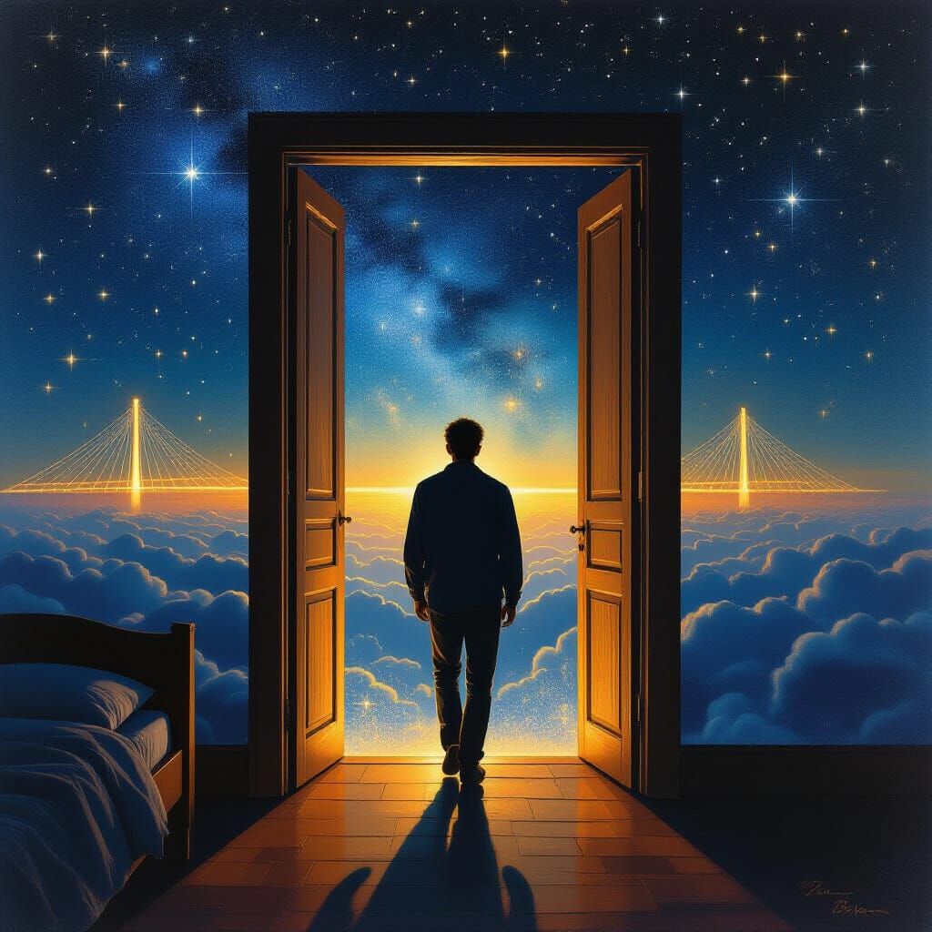 Figure Steps Through Glowing Door Into Starfield