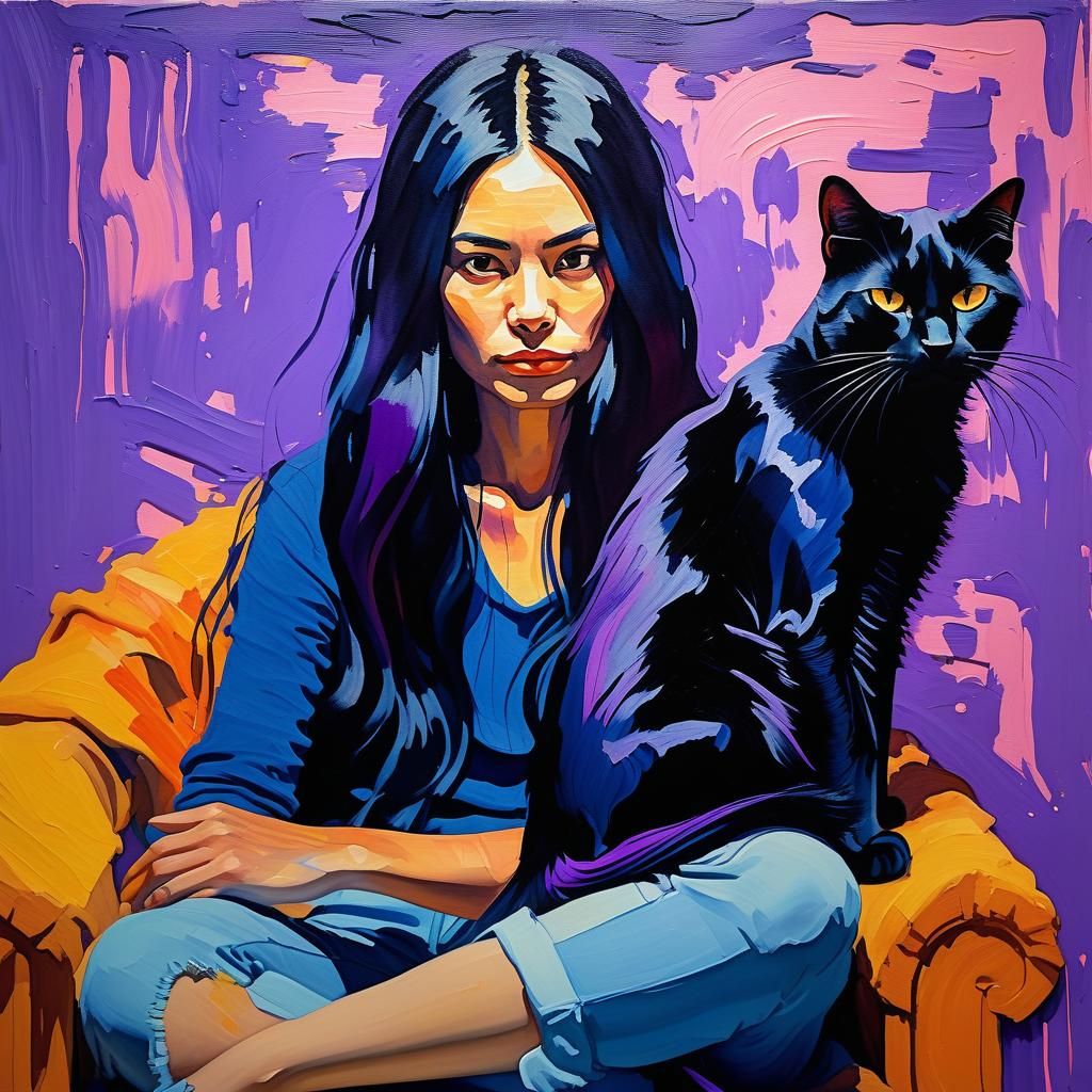 Woman with Cat as Gouache Impressionist Painting