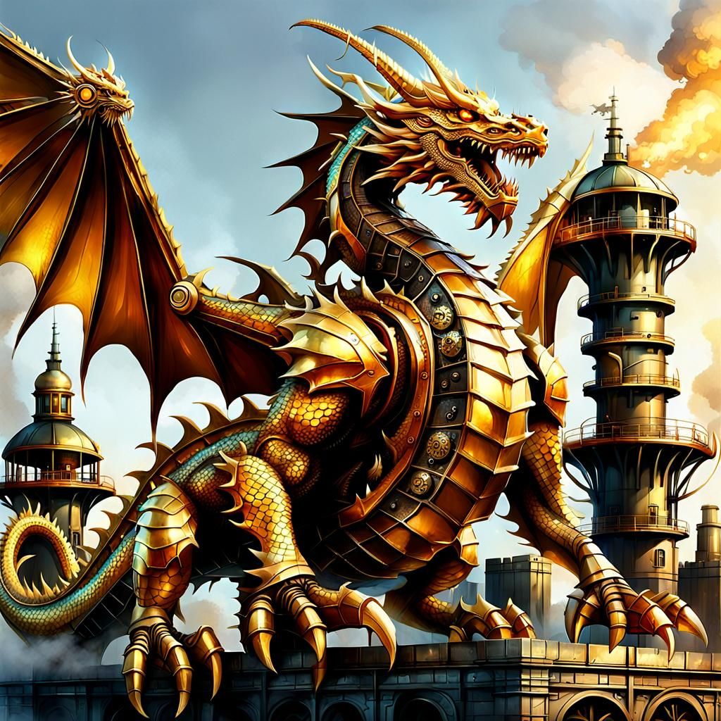Golden Steampunk Dragon on Industrial Building