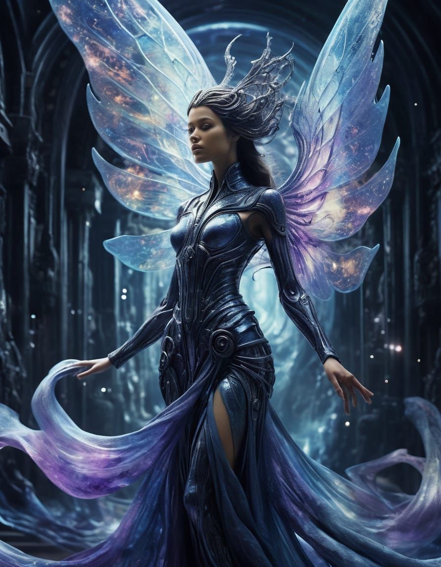 Ethereal Stardust Woman with Iridescent Wings