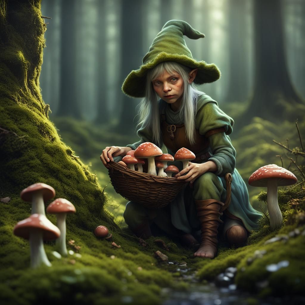 Cute Goblin Woman Picking Mushrooms in Forest Glen