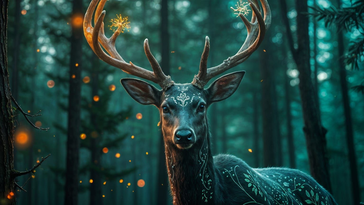 Fantasy Deer with Bioluminescent Antlers in Pine Forest