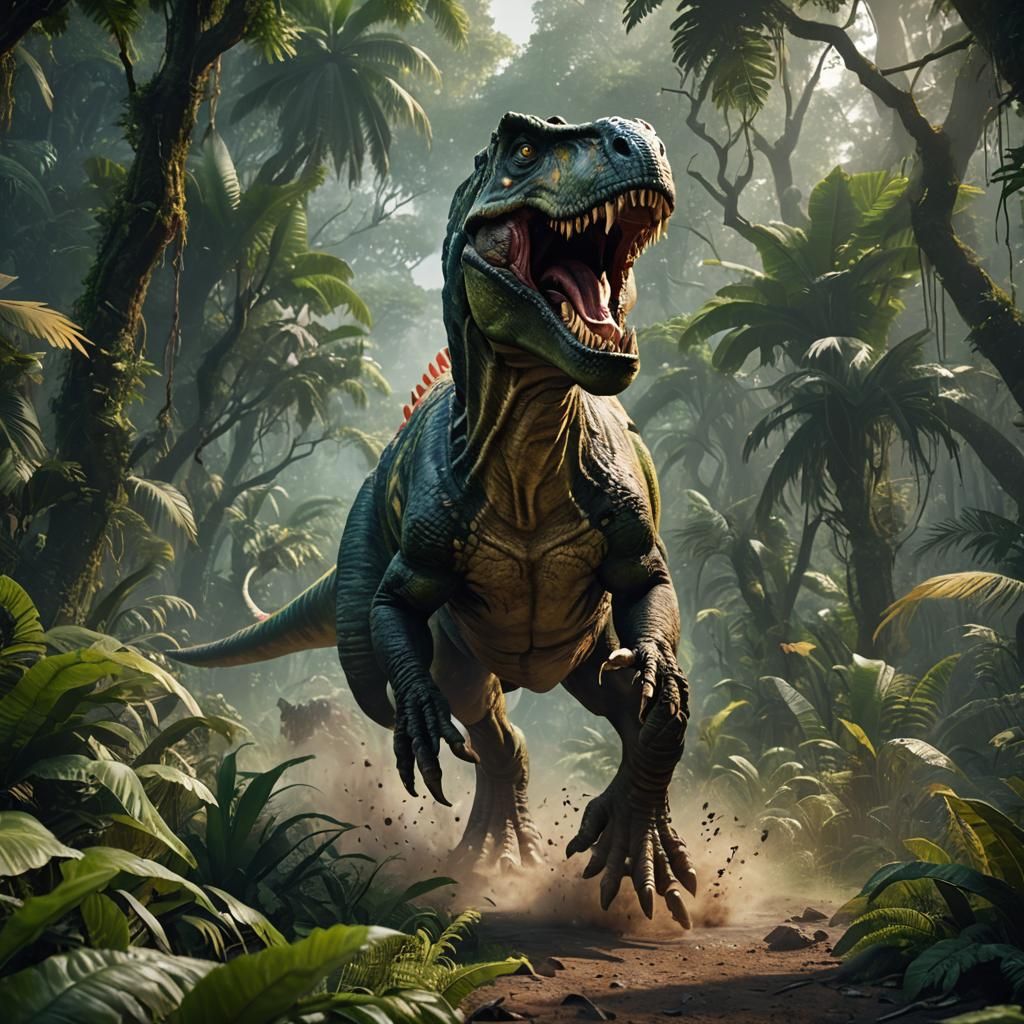 T-Rex Roaring Through Jungle, Detailed Matte Painting