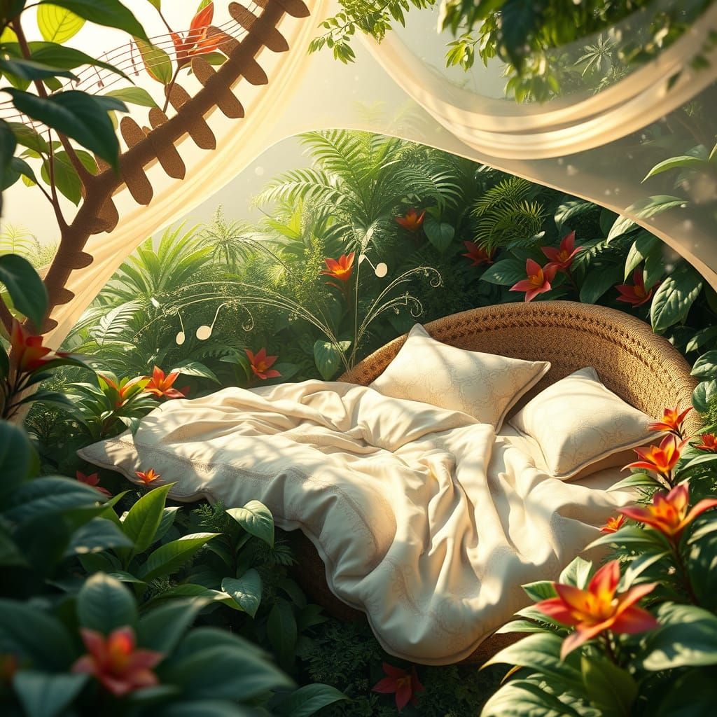 Relaxing Bed in Lush Vegetation with Light Music Notes