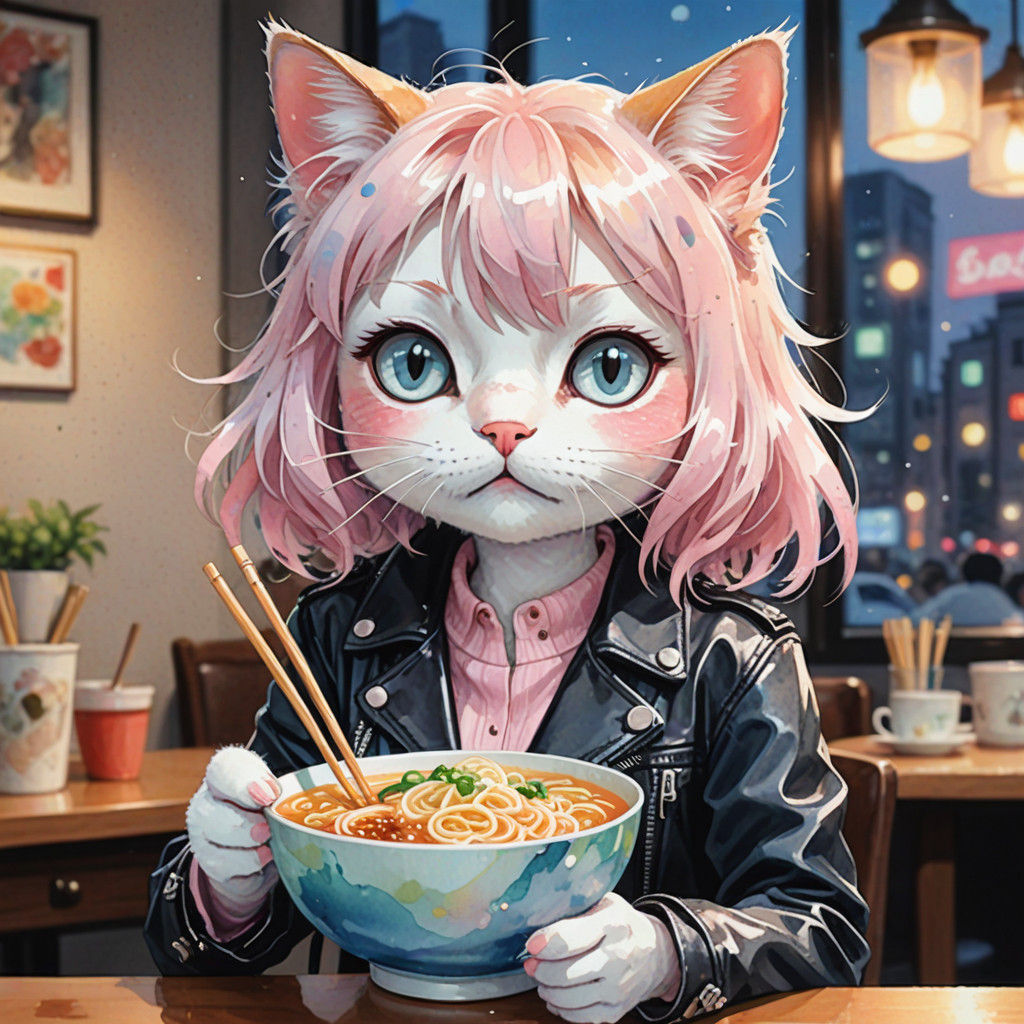 Whimsical Watercolor Cat Devours Ramen in Leather Jacket