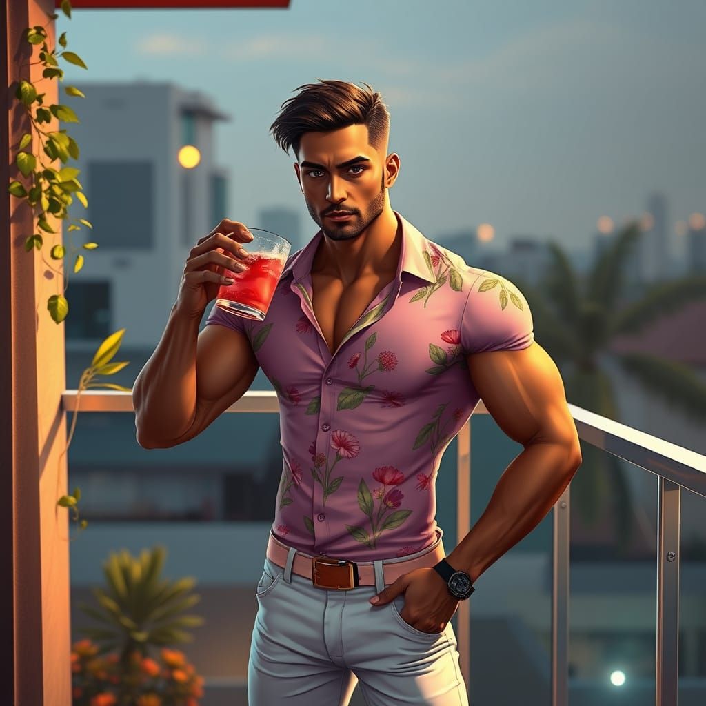Muscular Indian Man Sipping Mojito, Digital Art