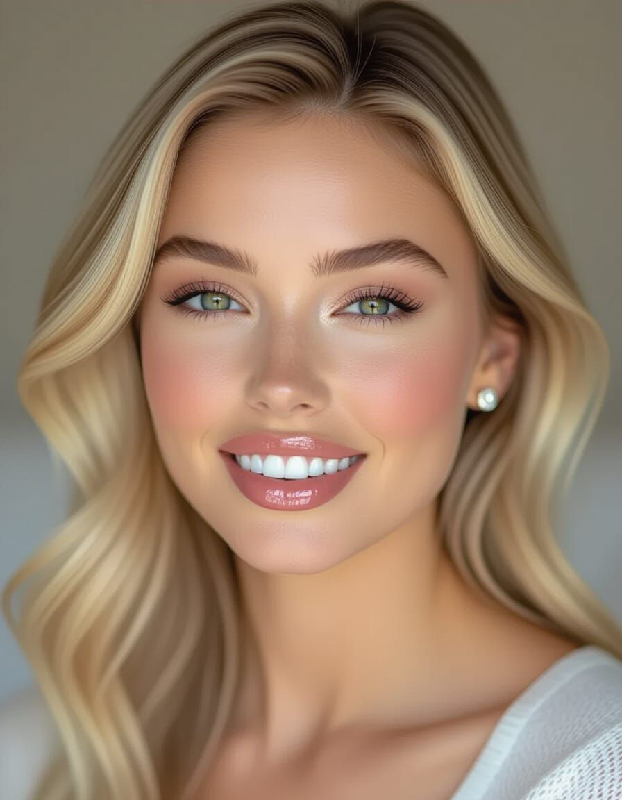 Blonde Woman With Glossy White Lips and Pink Blush