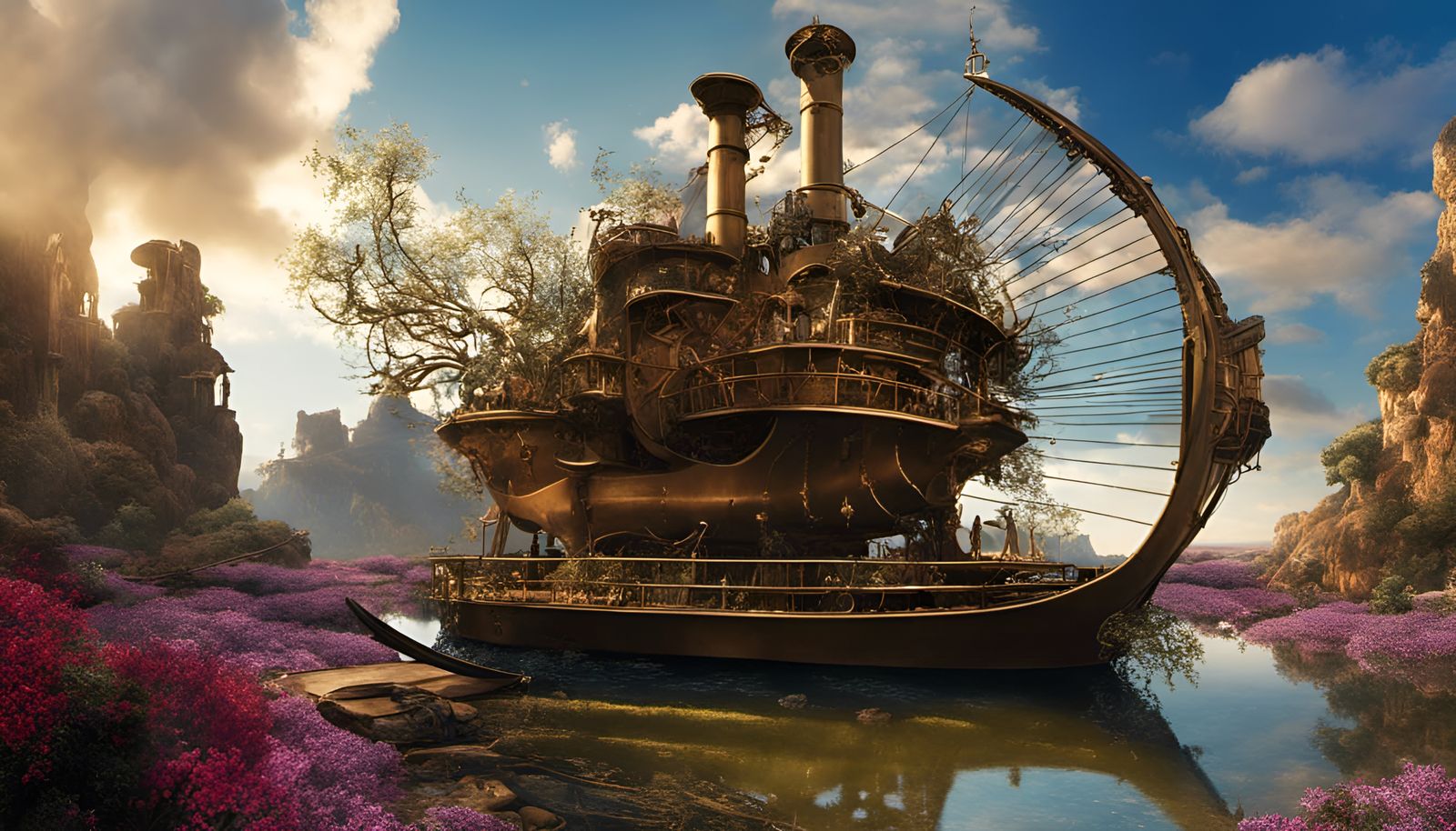 Surreal Steampunk Bridge to Love, Detailed 3D Art