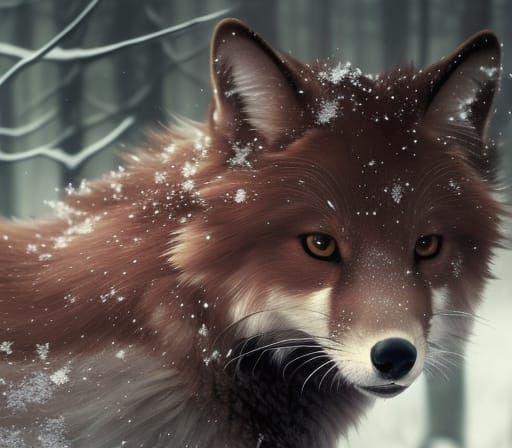 Magical Fox Portrait in Snow, Hyperdetailed Art