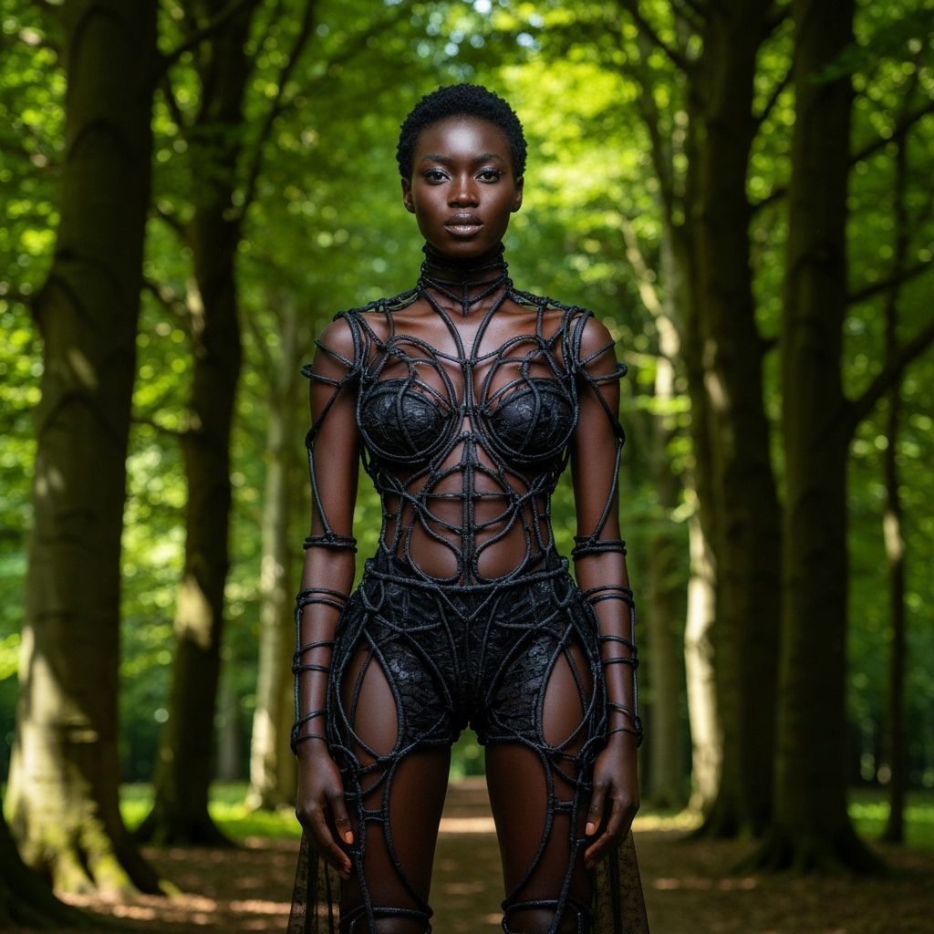 Black Woman in Avant-Garde Fashion in Sunlit Beech Forest