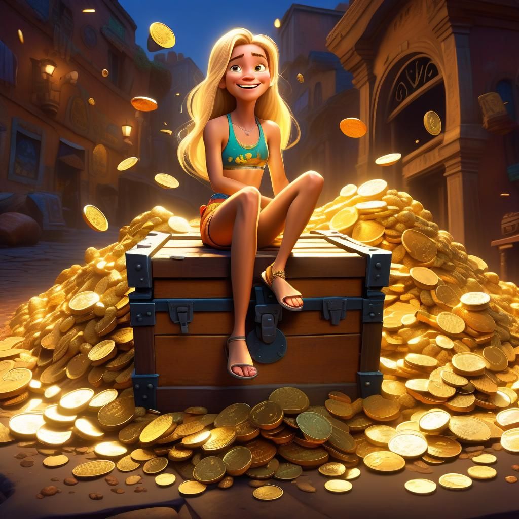 Pixar-Style Woman on Gold Treasure