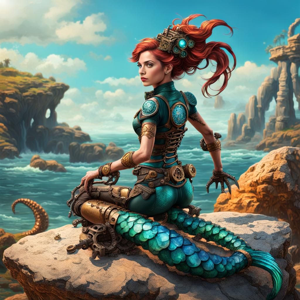 Steampunk Mermaid with Mechanical Tail on Rocky Beach