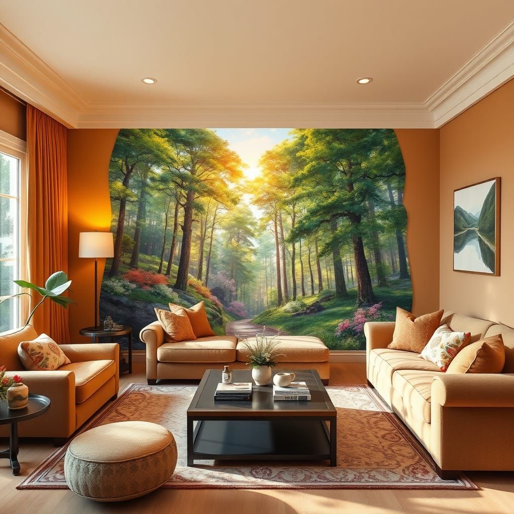 Cozy Living Room with Vibrant Forest Glade Optical Illusion
