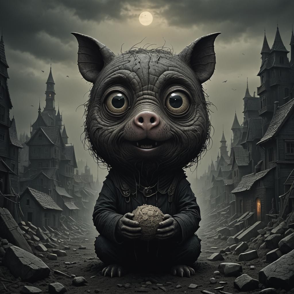 Piggy with Big Eyes in Dark Fantasy Style