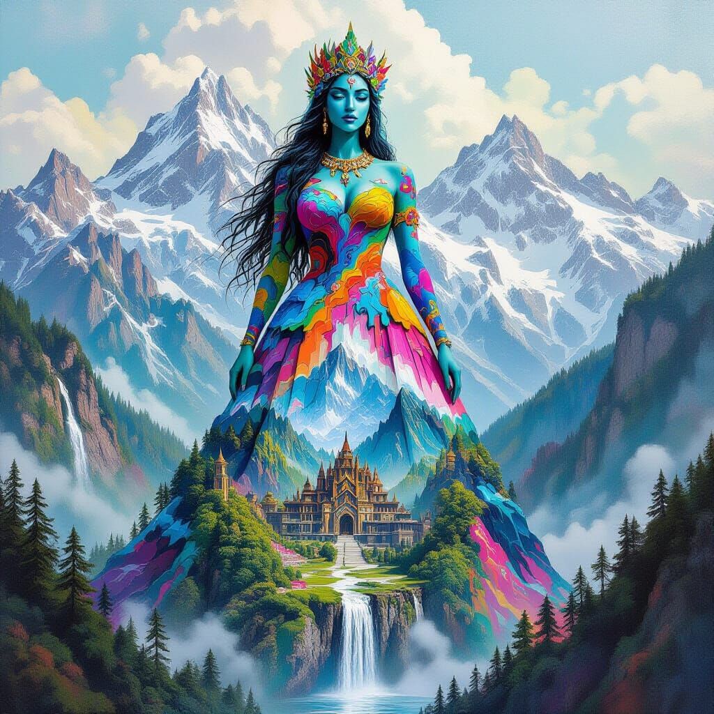 Colossal Mountain Goddess in Polychromatic Graffiti Style