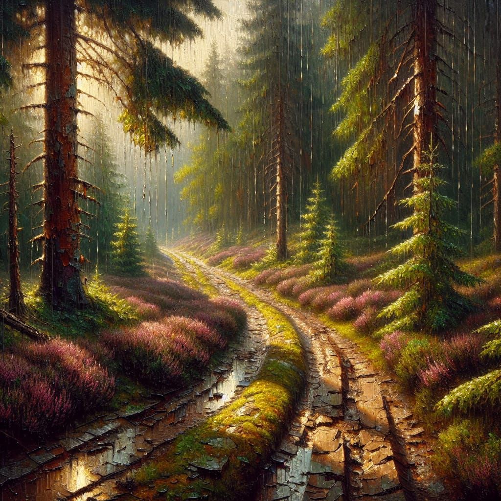 Mossy Forest Path After Rain, Impressionist Oil Painting