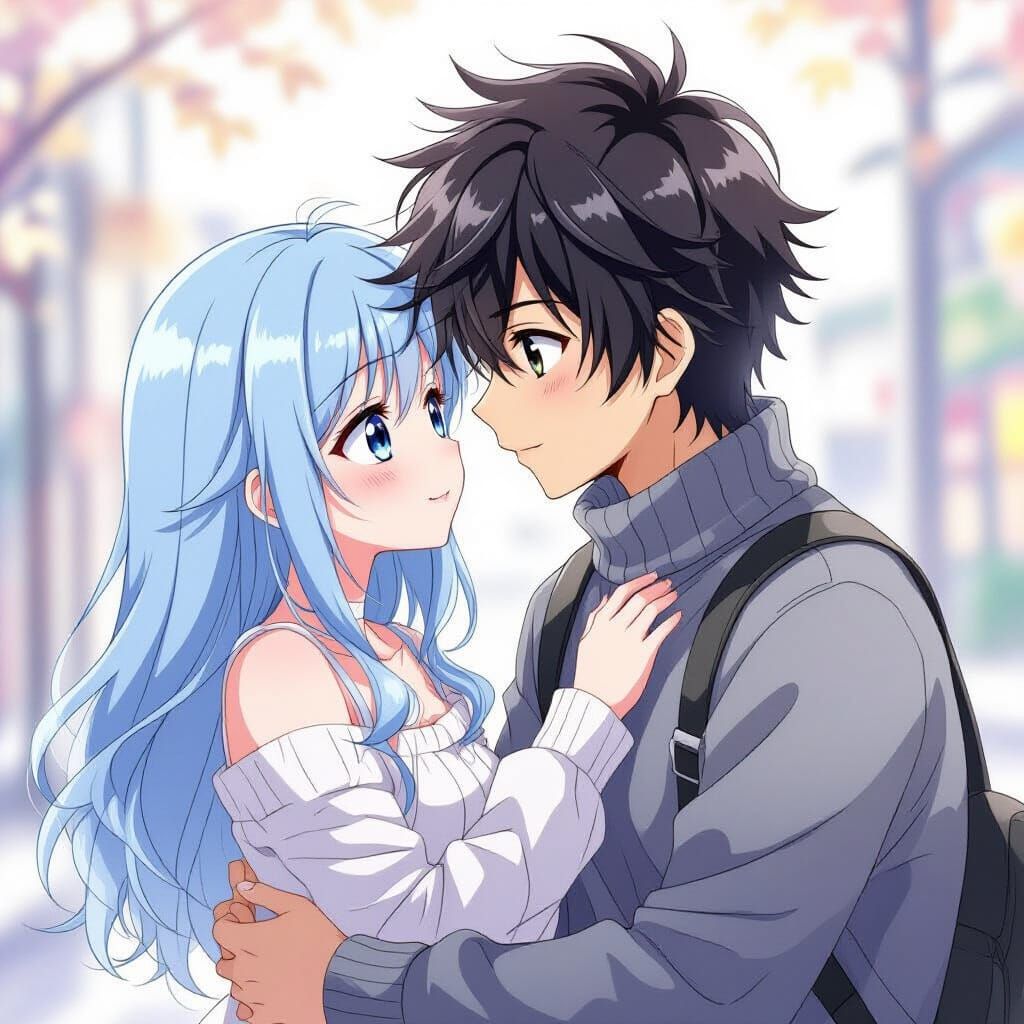 Anime Couple's Tender Kiss in Pastel Hues