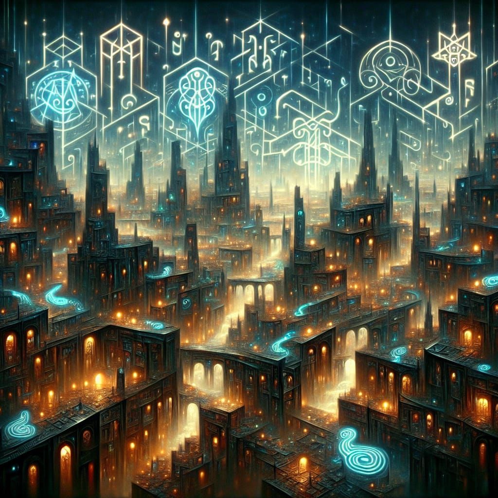 Enchanted City of Neon Runes at Dusk