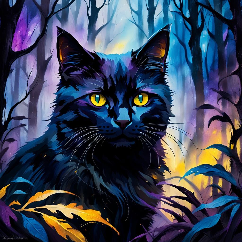 Mystical Black Cat in Abstract Expressionism Style