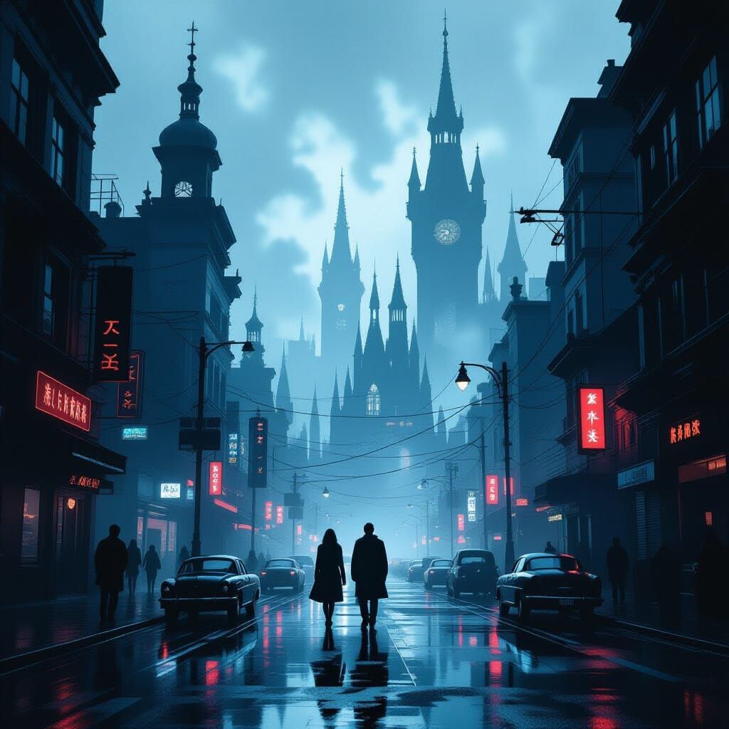 Neon Noir Silhouettes in a Futuristic Landscape