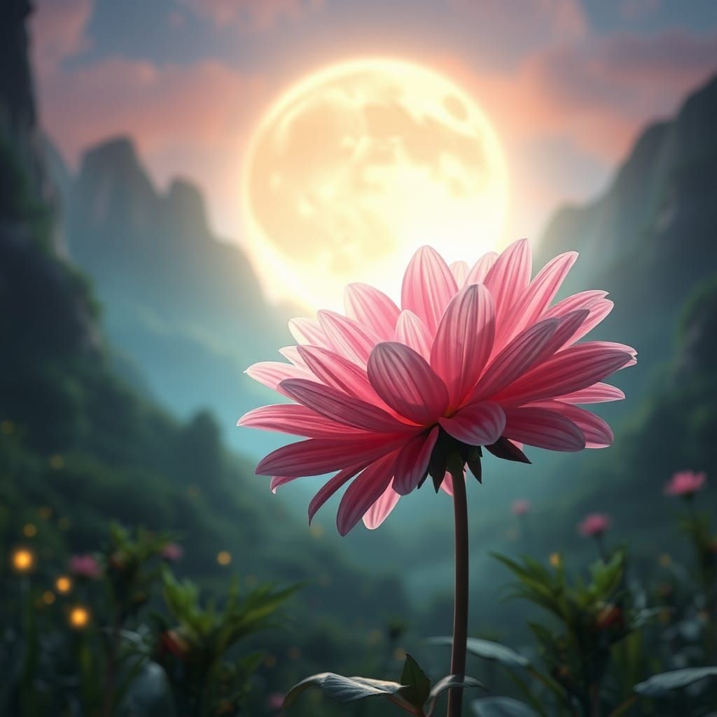 Mystical Dahlia Flower in Moonlit Valley, Dreamscape