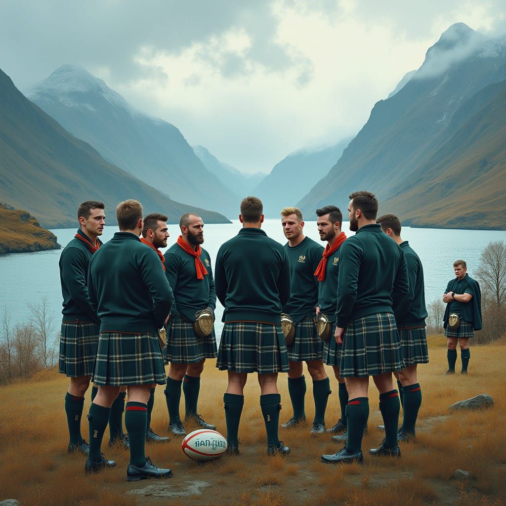 Scottish Rugby Players Gathered in Highland Landscape