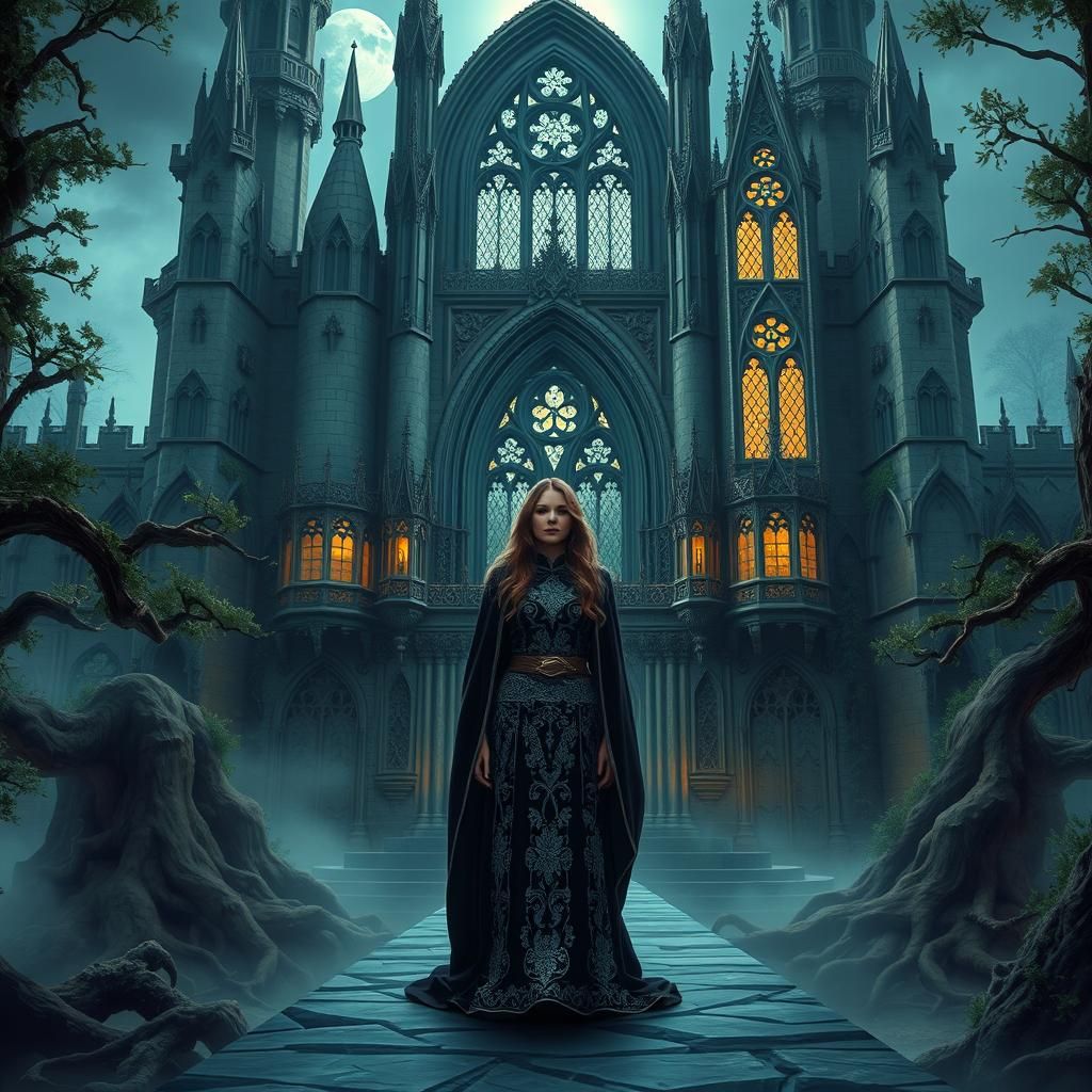 Mystical Castle Entrance with Woman in Embroidered Robes