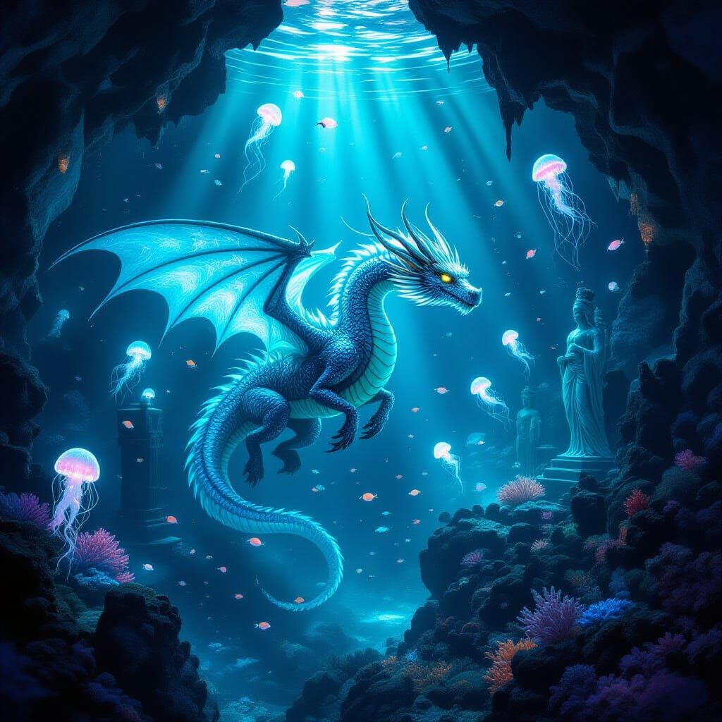 Bioluminescent Dragon in Underwater Cave, Cosmic Horror Styl...