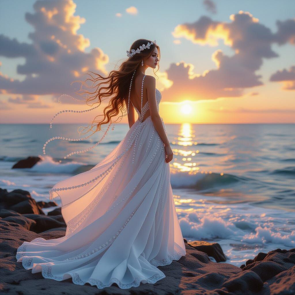 Woman with Pearl Hair on Rocky Coastline
