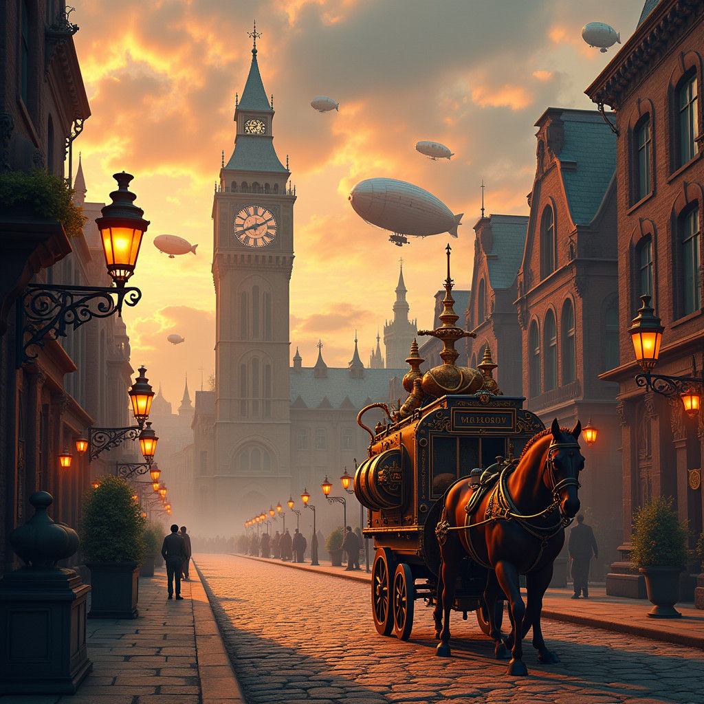 Steampunk Cityscape at Dusk in William Morris Style