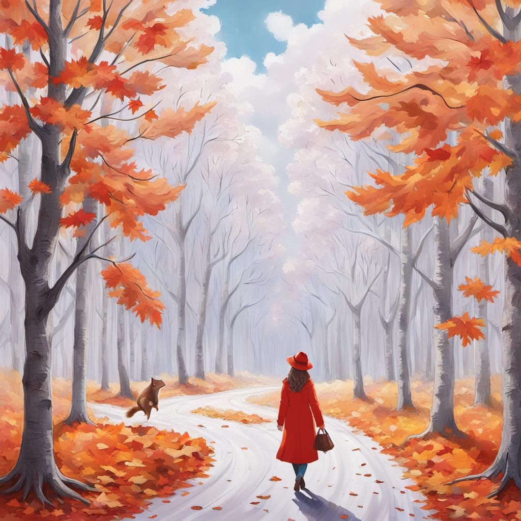 Girl on Autumn Road with Squirrel, Fantasy Concept Art