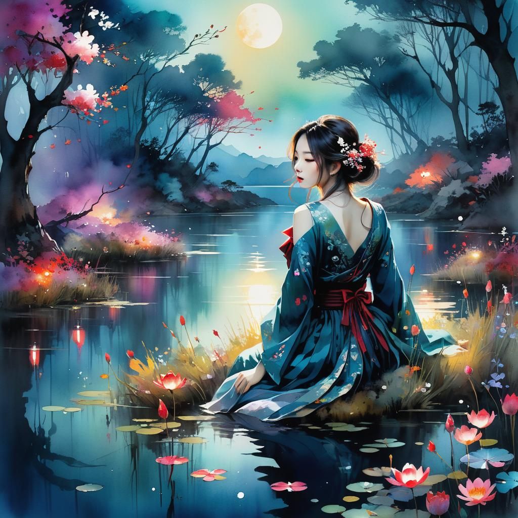 Dreamy Lake Glade at Night in Watercolor Style