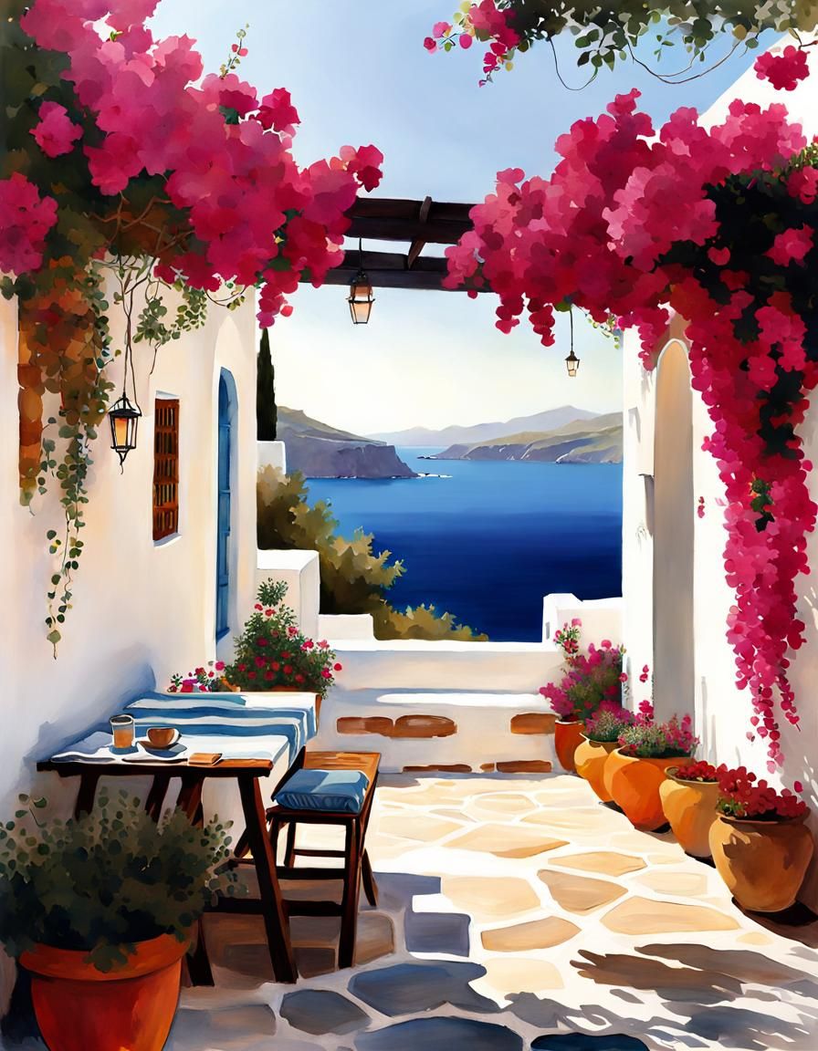 Greek Island Outdoor Seating in Watercolor Style