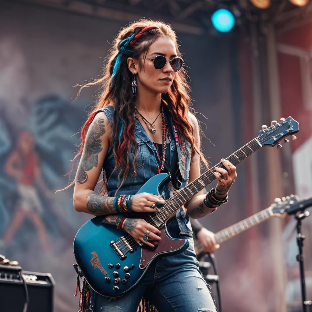 Woman with Braids Plays Electric Guitar on Stage